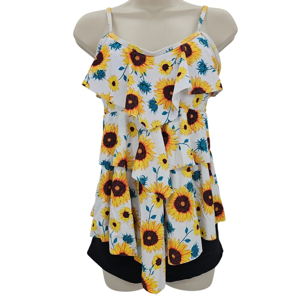 Yonique Womans size M 2 Piece Ruffle Tankini Boyshorts Swimsuit Sunflower NWOT